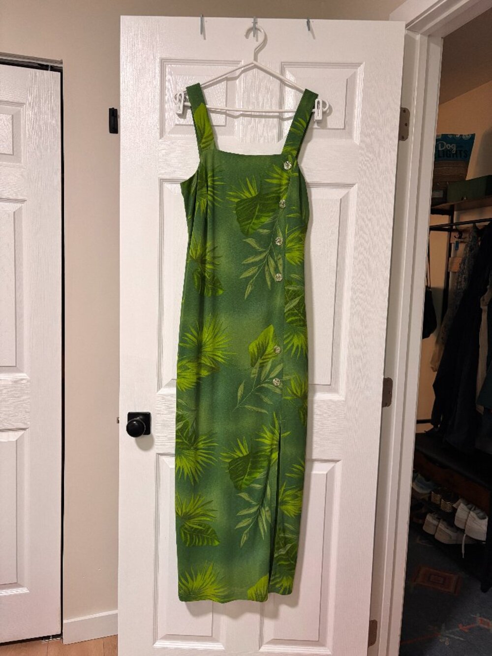 Designer Green Tropical Leaf Print Maxi Dress with Side Slit (Large)